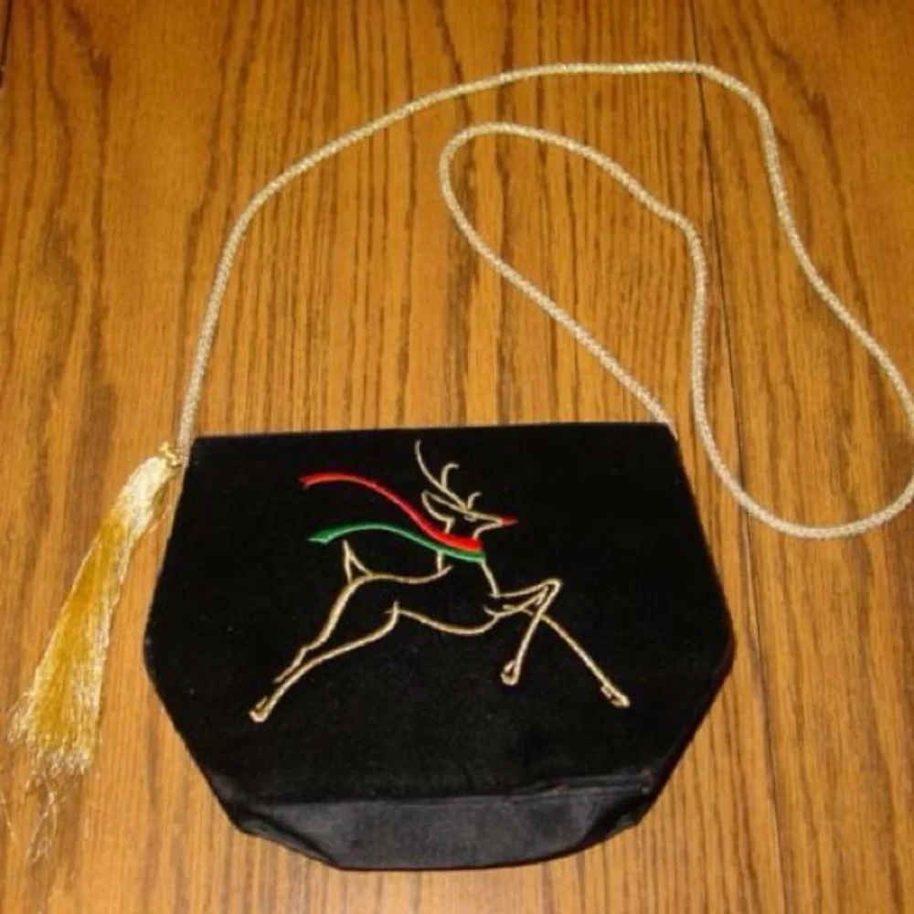 Vintage Black Velvet & Gold Embroidered Reindeer Christmas Cross Body Purse